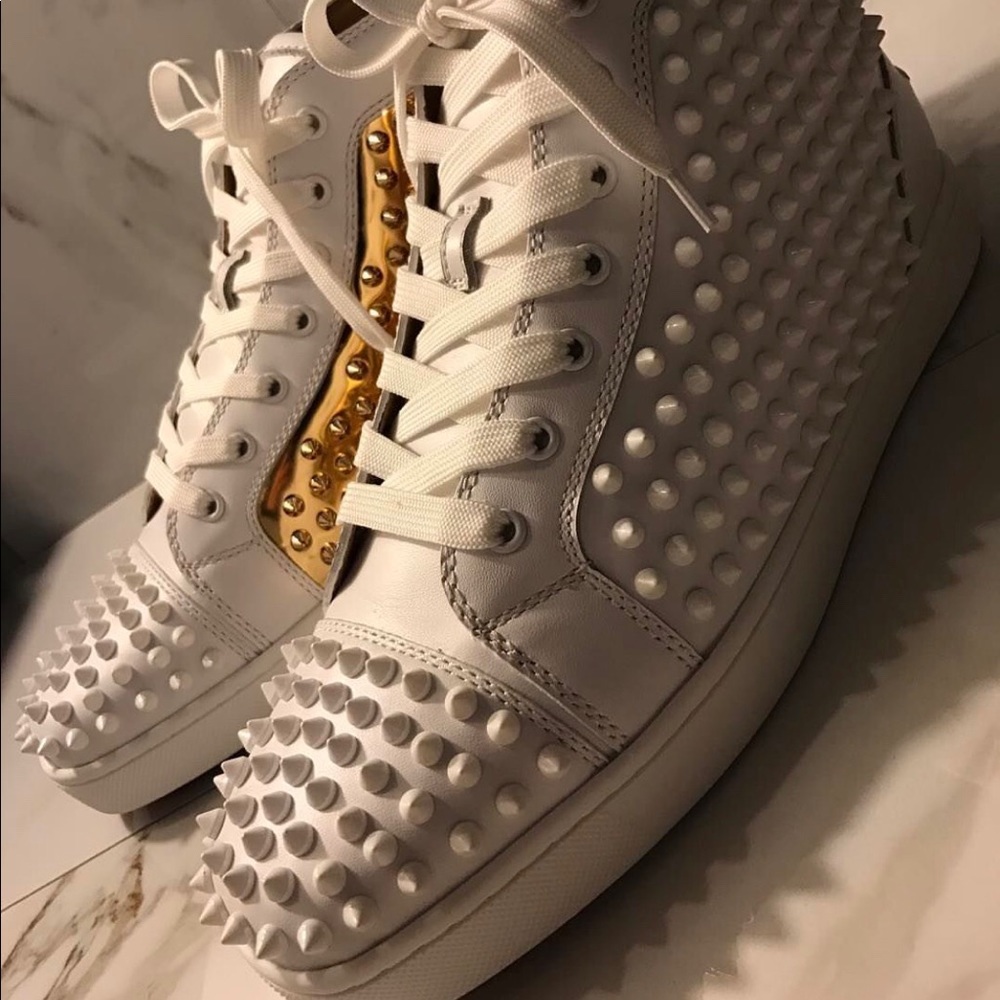 SS17 Louboutin Spike Flat Latte Metallic Gold